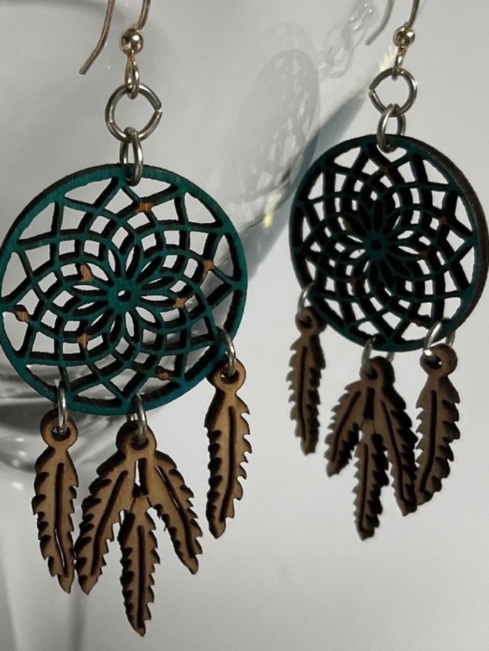 🧚 2/$15 Bohemian Dream Catcher Dangle Drop Round Earrings Wood Handmade Green